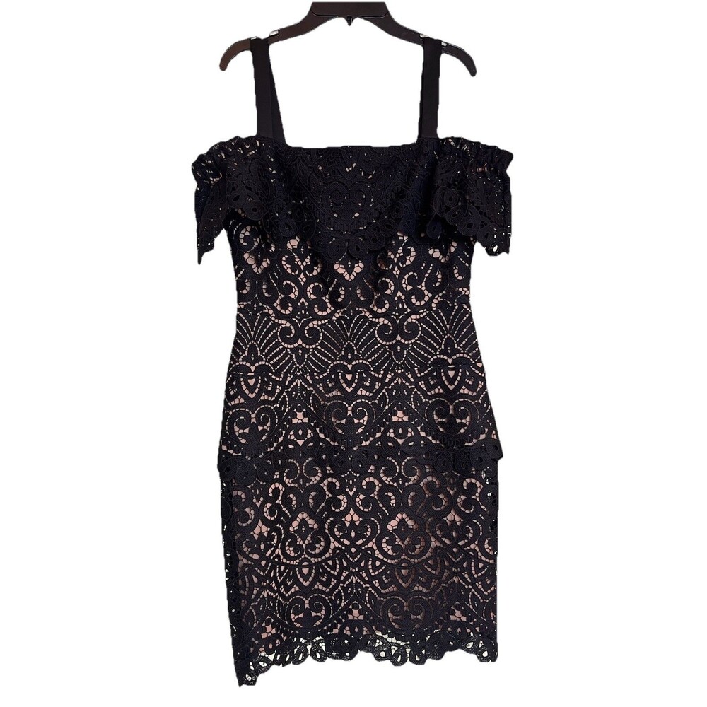 Nicole Miller Mesh Lace Mini Dress Black Beige Women's SIZE 4 Overlay Sexy Celeb